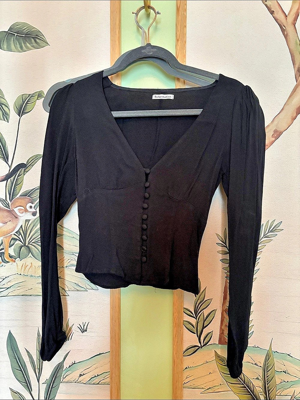 Reformation Black Long Sleeve Button-Front Blouse